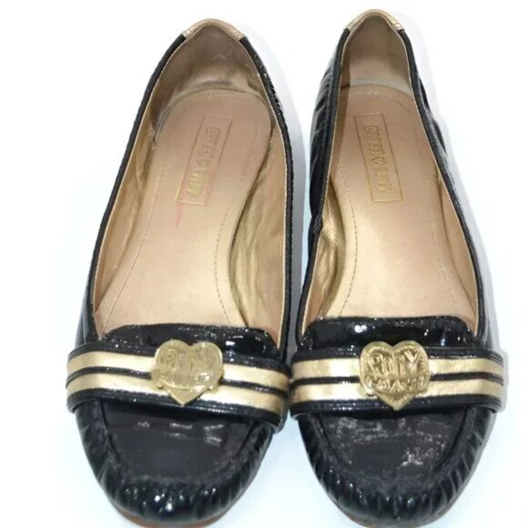 Coach Black Patent Leather Metallic Gold Logo Holiday Vtg Flats Loafers Shoes 8 - Picture 6 of 9